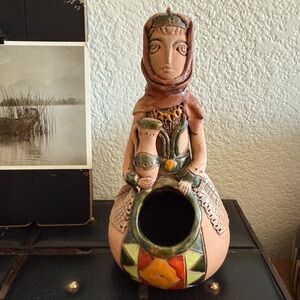 Signed Handcrafted Terra Cotta Female Figure Salt Cellar in Terracotta and Green